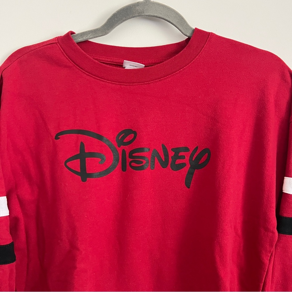 Disney Mickey Mouse Striped Sleeve Red Crewneck Sweatshirt Size Medium - Picture 2 of 9